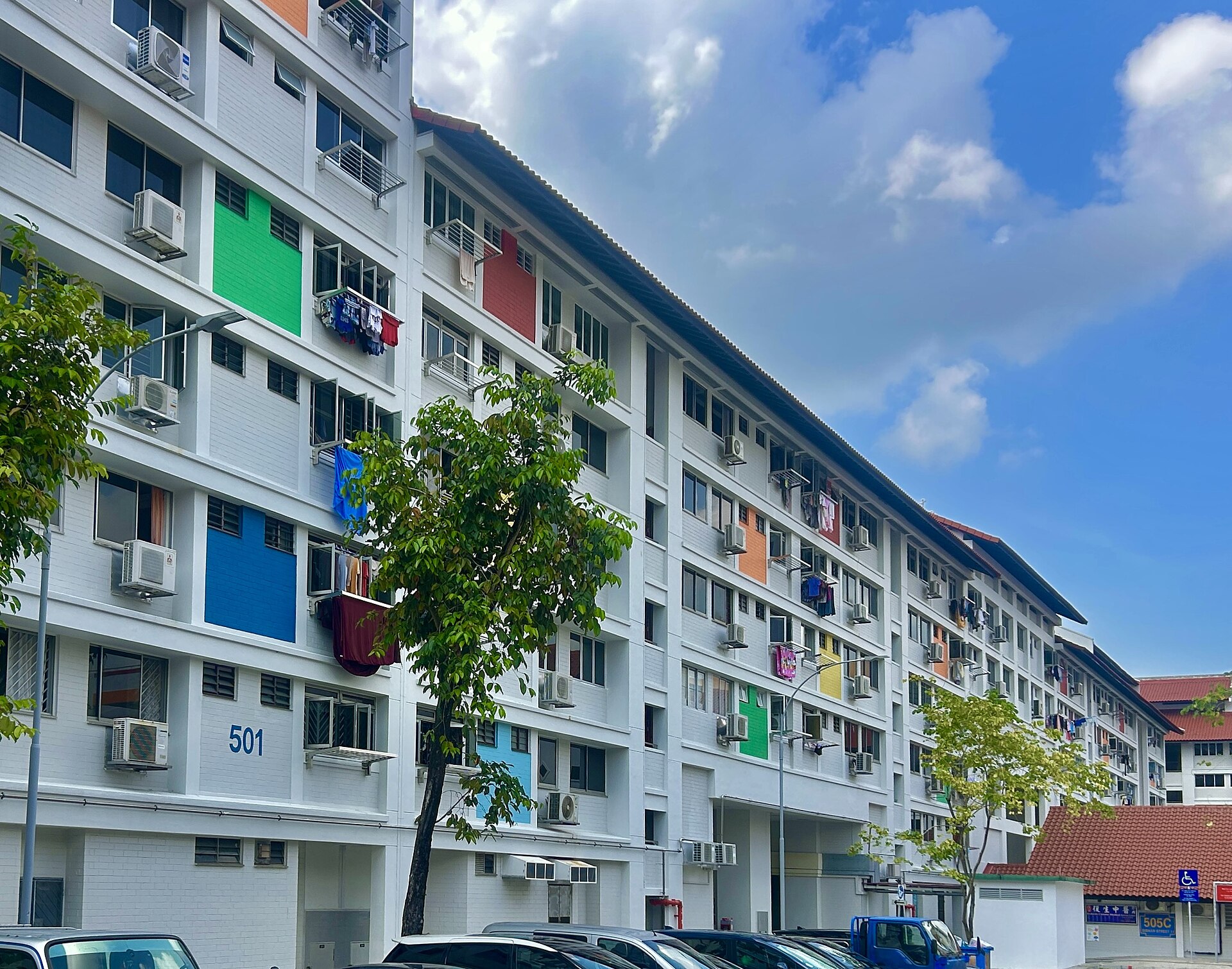 Facade of HDB public housing apartment block 501 in the Bishan neighbourhood in Singapore