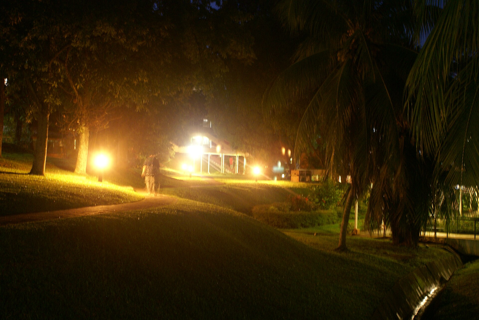 The garden of Raffles Hall, one of the halls of residence of the National University of Singapore, at night